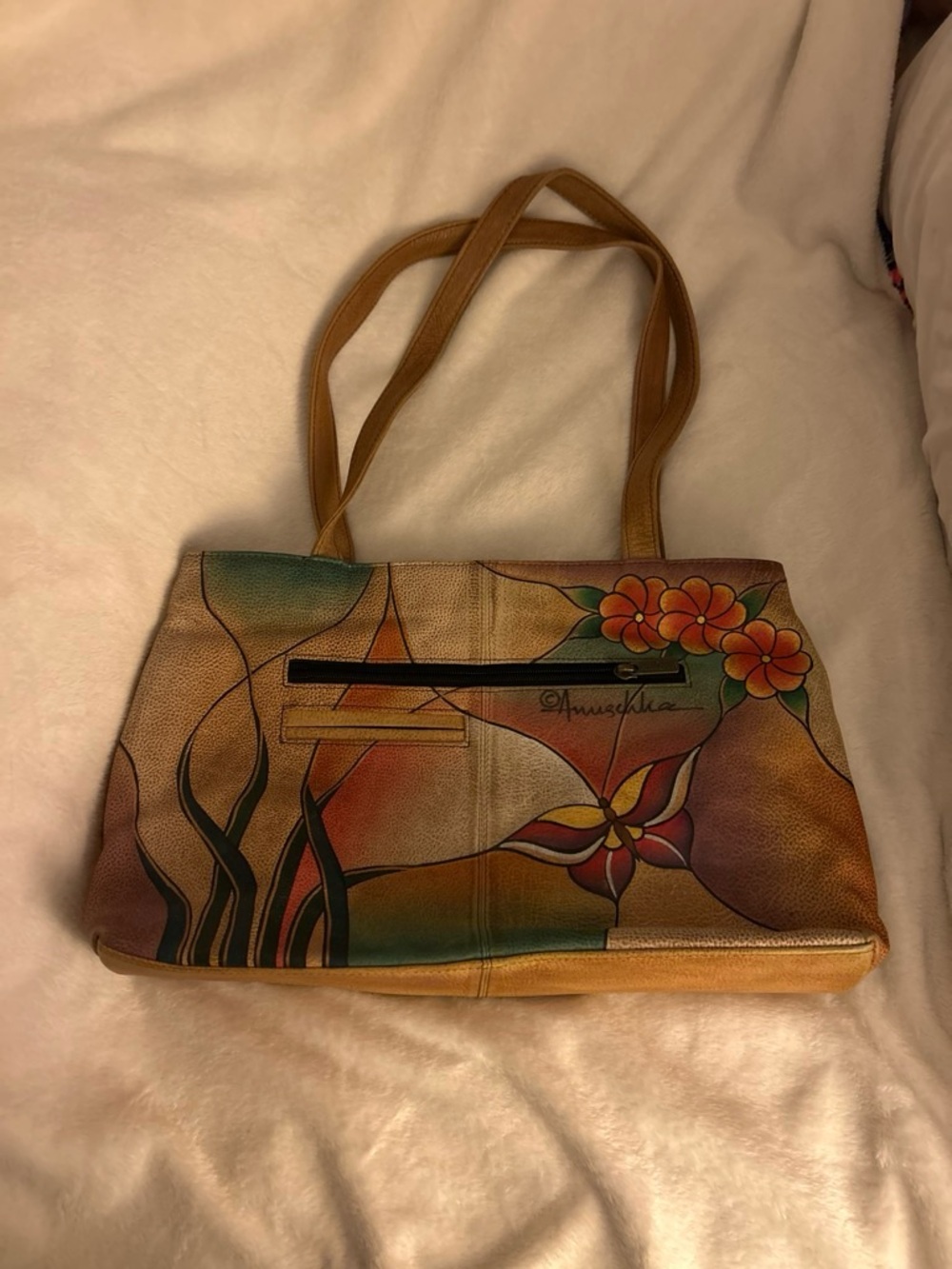 Anuschka Hand-Painted Floral Shoulder Bag - Tan, Orange, Green, Black